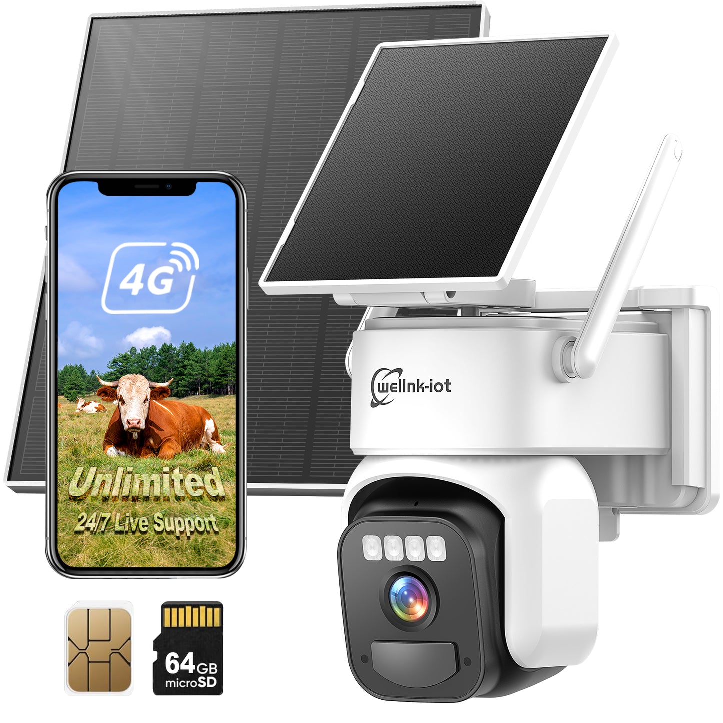 4G LTE Cellular Security Camera Outdoor with Dual Solar Panels, Preinstalled SIM & 64GB Micro SD Card, Auto Human Tracking, Remote Access, Motion Detection, 2K HD Color Night Vision