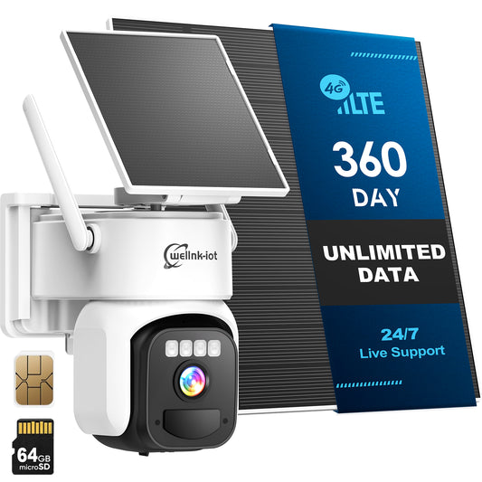 4G LTE Cellular Security Camera Outdoor with Dual Solar Panels, Includes 360-Day Unlimited IoT Data