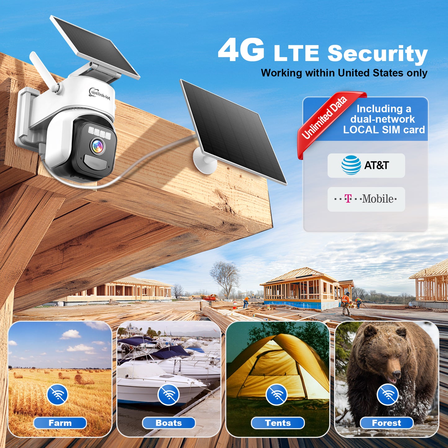 4G LTE Cellular Security Camera Outdoor with Dual Solar Panels, Preinstalled SIM & 64GB Micro SD Card, Auto Human Tracking, Remote Access, Motion Detection, 2K HD Color Night Vision