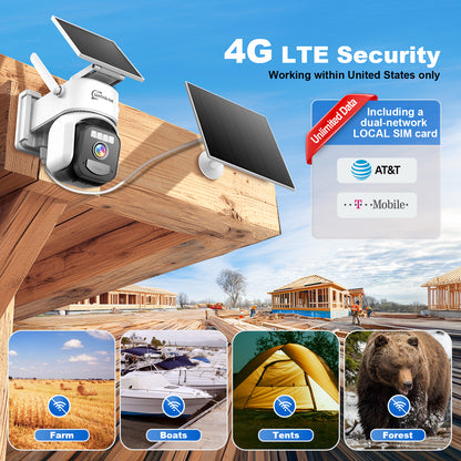 4G LTE Cellular Security Camera Outdoor with Dual Solar Panels, Preinstalled SIM & 64GB Micro SD Card, Auto Human Tracking, Remote Access, Motion Detection, 2K HD Color Night Vision