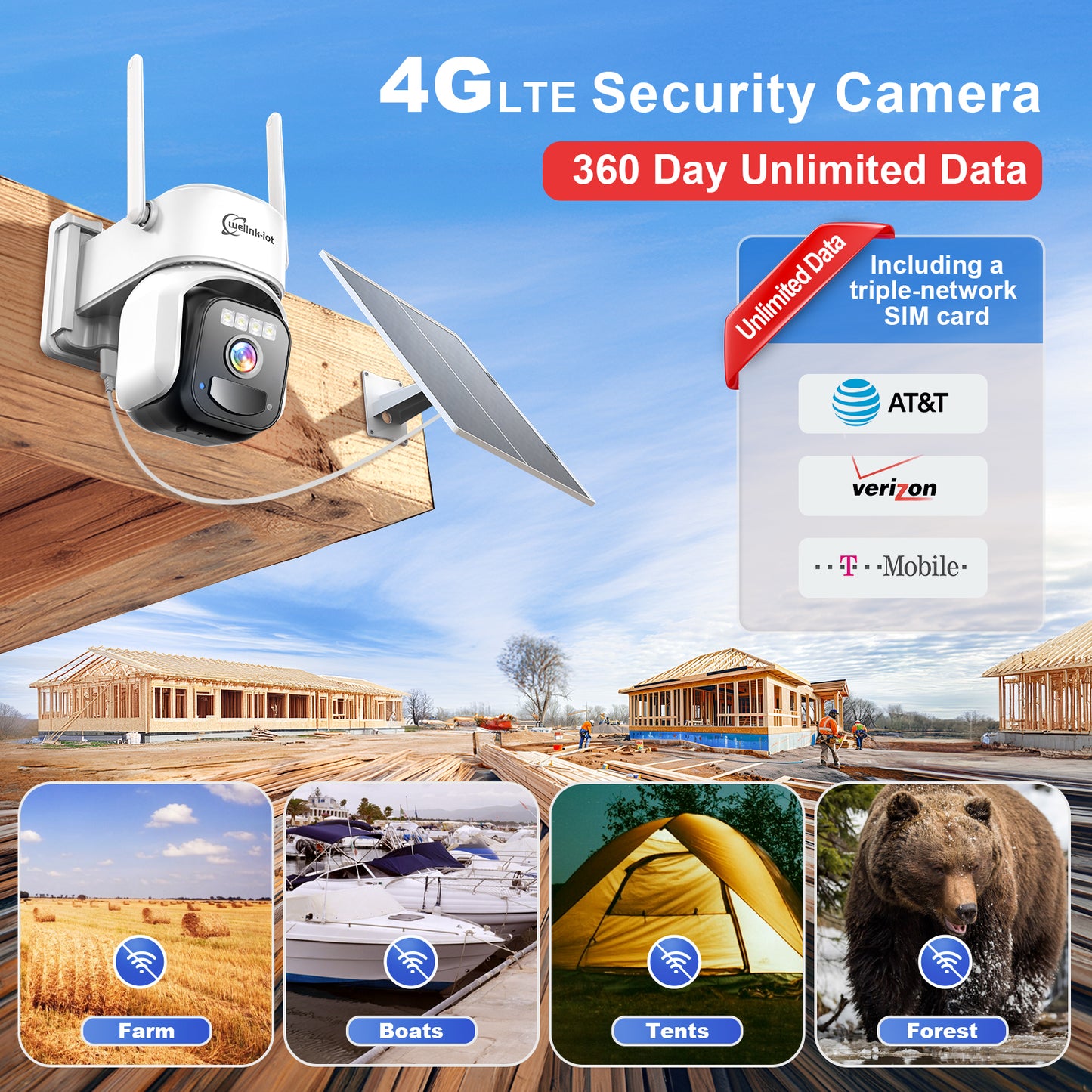 4G LTE Cellular Security Camera Outdoor with Dual Solar Panels, Includes 360-Day Unlimited IoT Data